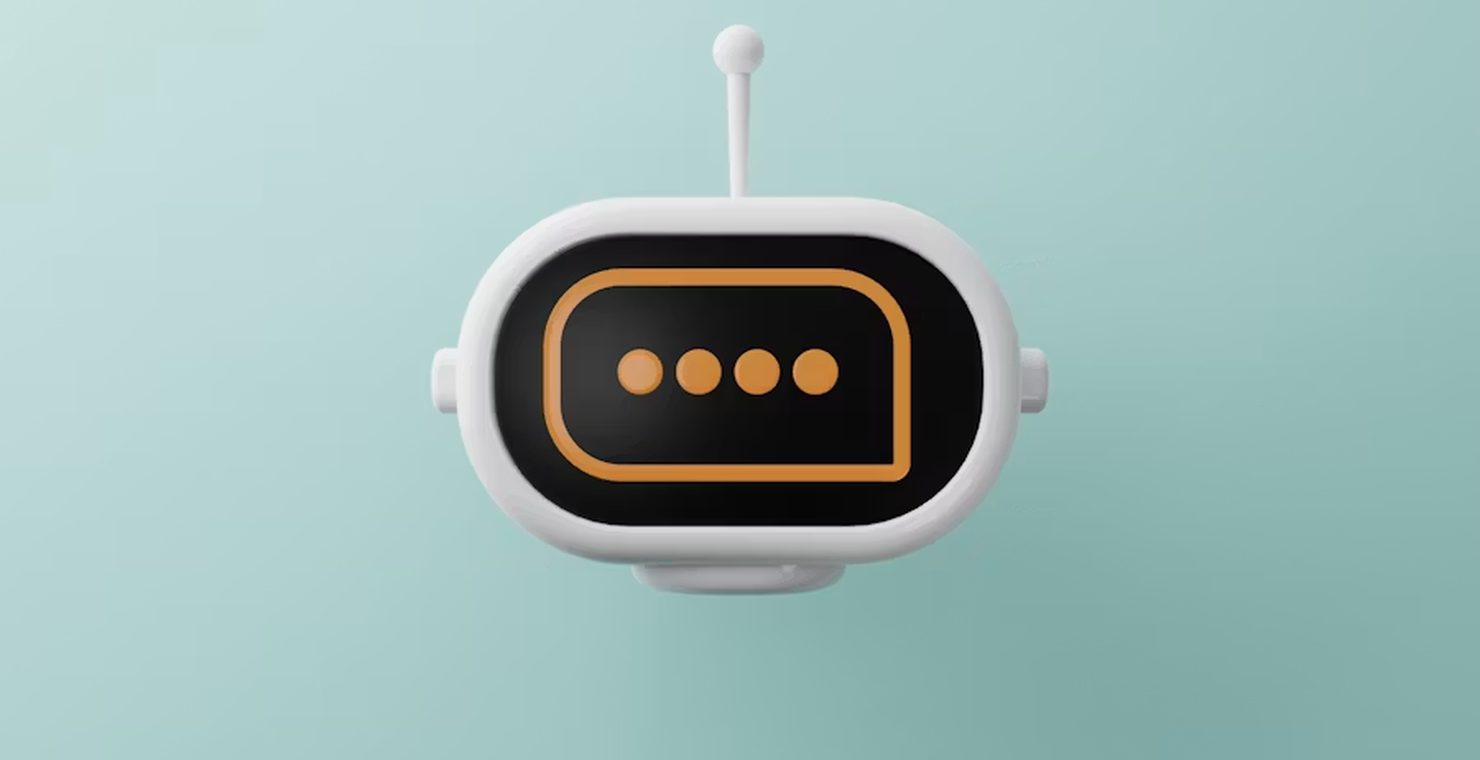 A robot face displaying a chat indicator, mid-reply